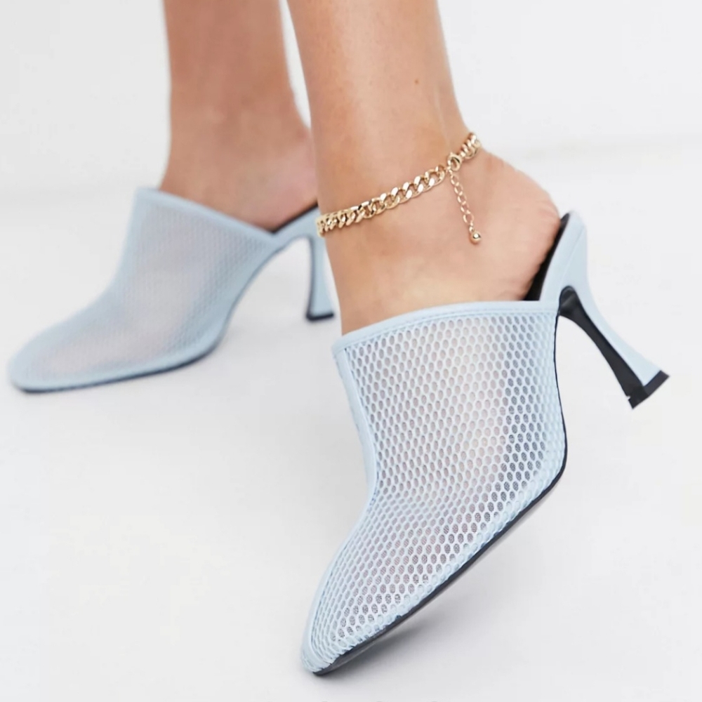 Wide fit Light blue mesh mid heeled mules